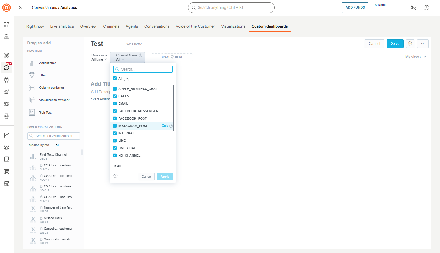 Conversations - Add filter to custom dashboard