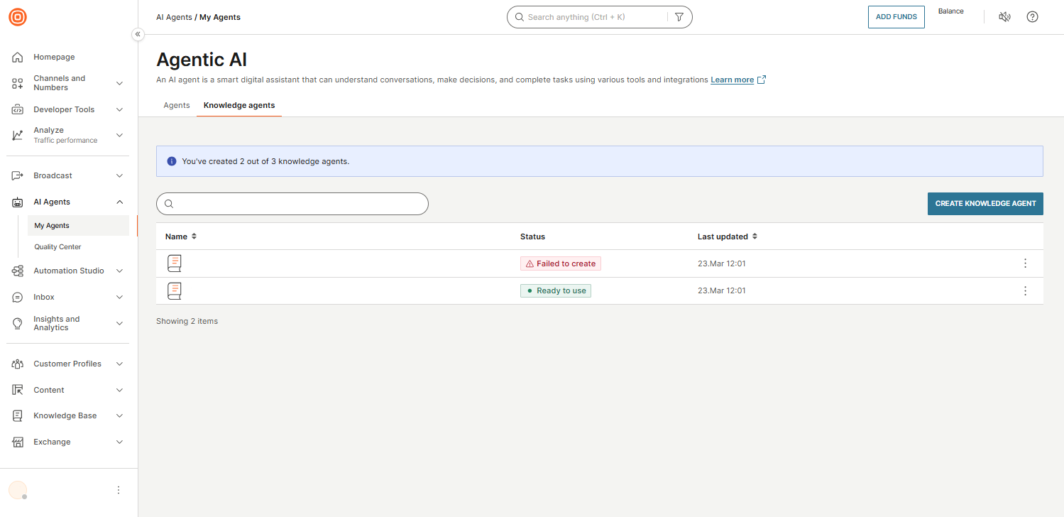 AgentOS Knowledge agents tab