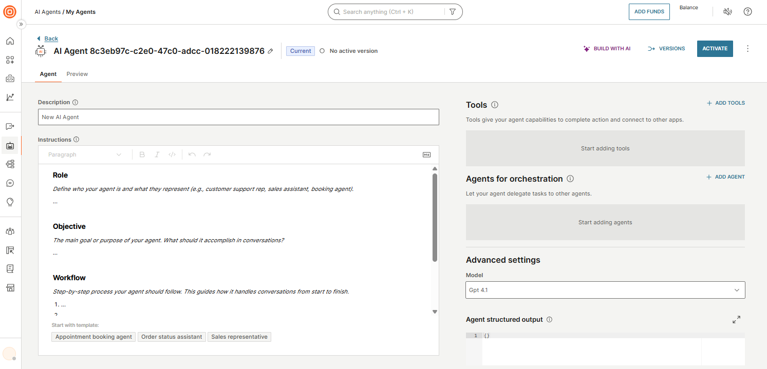 AI agents configuration window