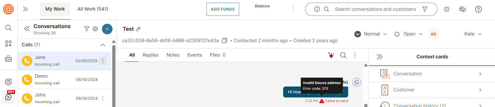 Conversations - Display of message error
