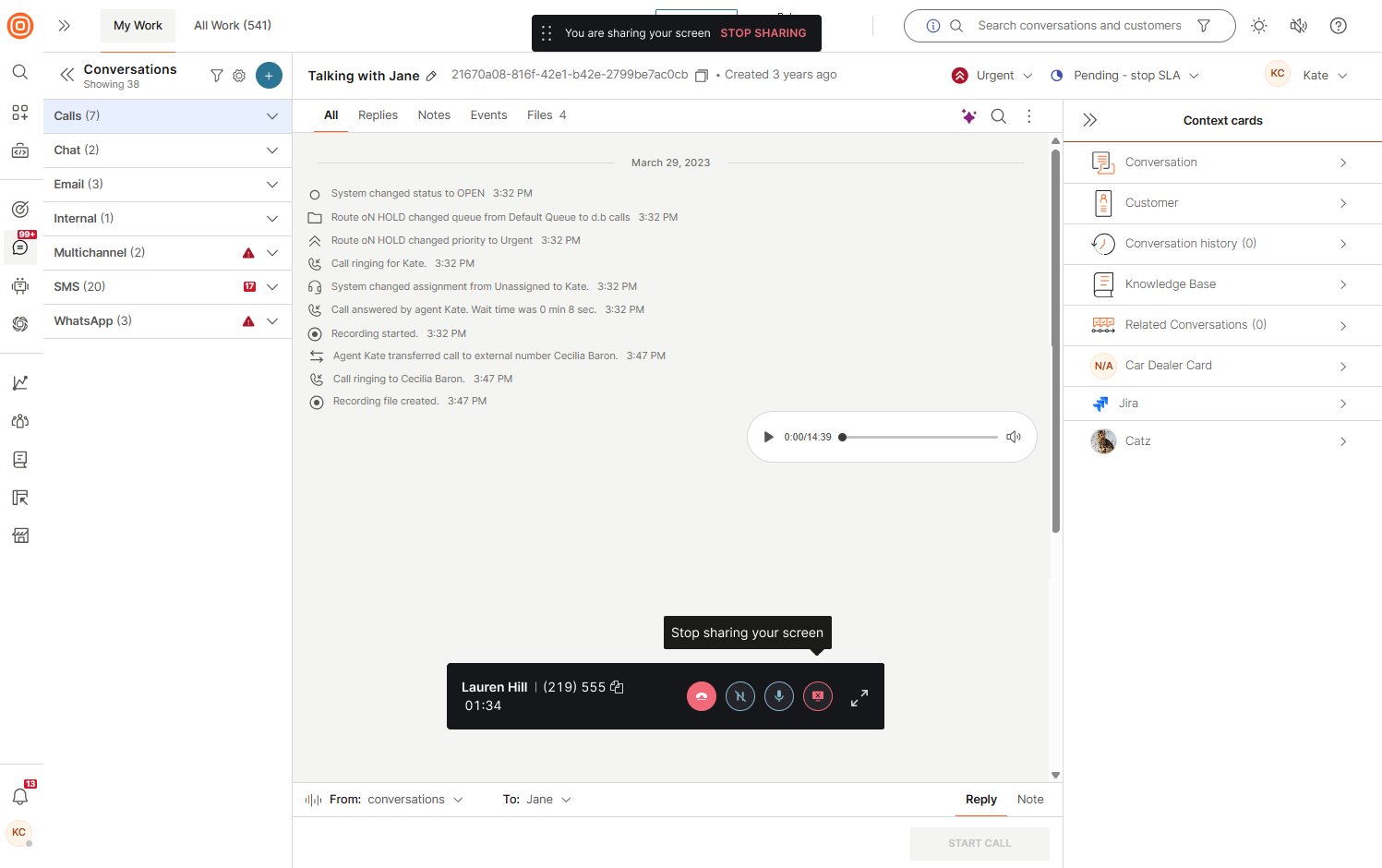 Calls - Screen sharing agent view