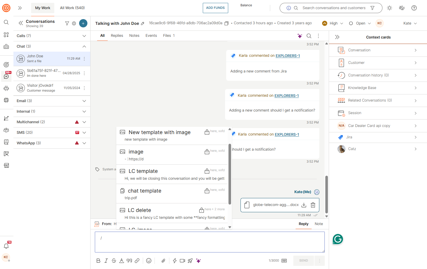 Conversations - Template in chat