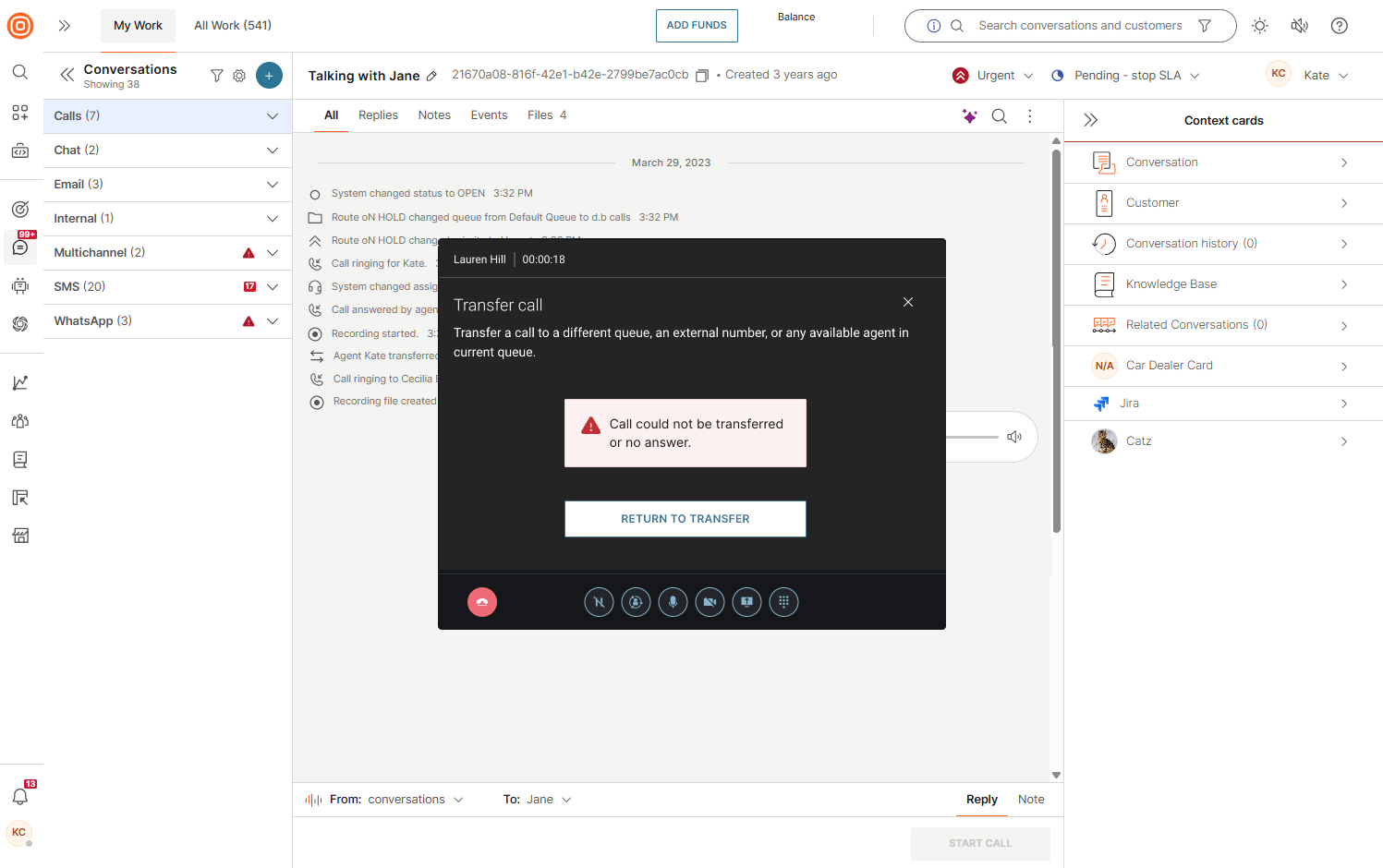 Calls - Transfer to queue error