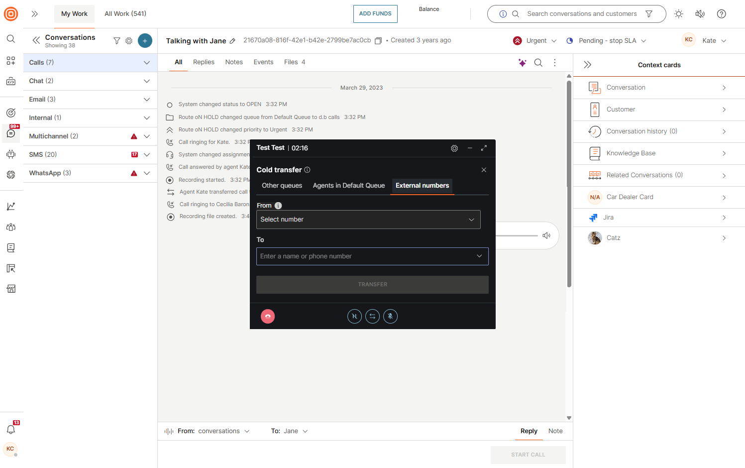 Calls - Transfer to external number tab
