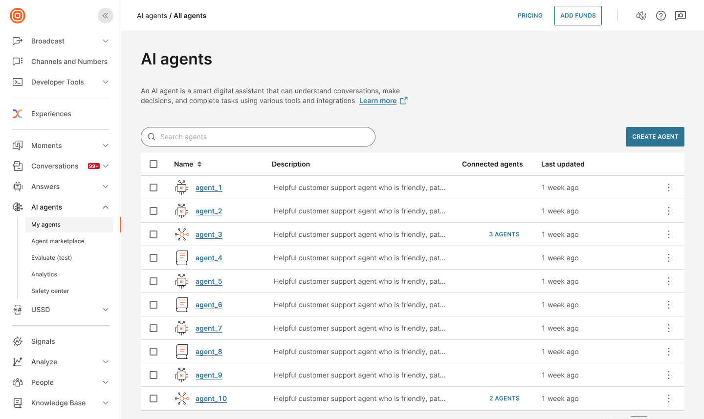 Image that shows a list of AI agents
