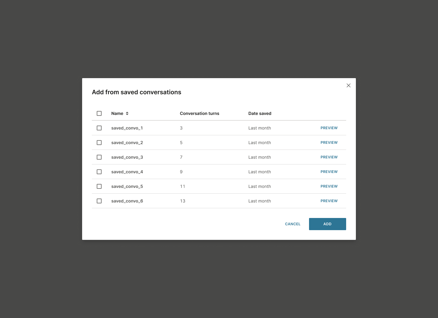 Image that shows the window for adding saved conversations