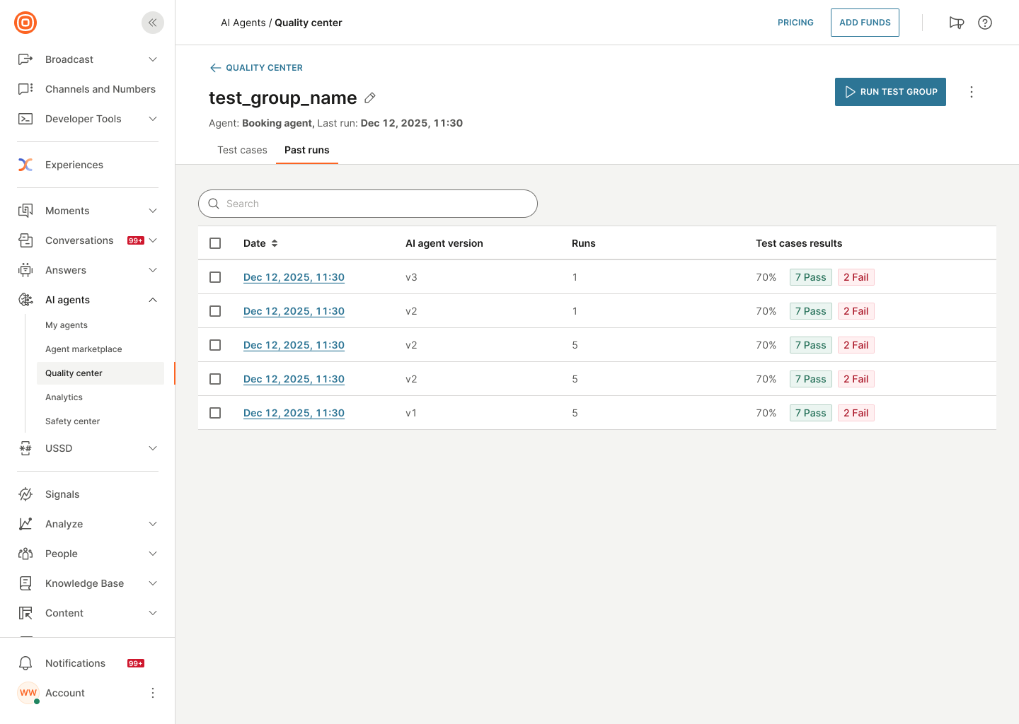 Image that shows the Past runs tab with test execution results