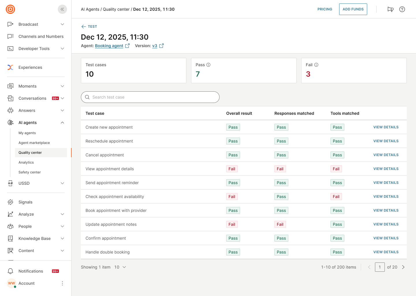Image that shows the test results table with overall result, responses matched, and tools matched