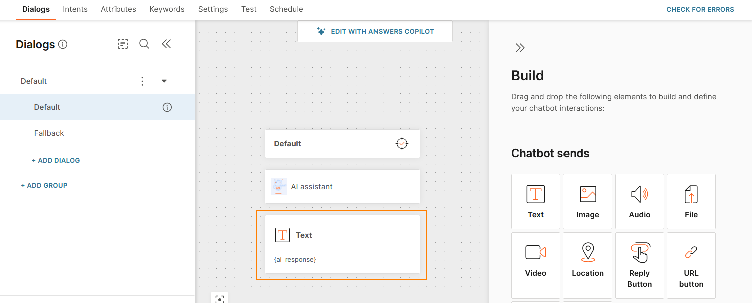 Share the response from the AI assistant element with the end user