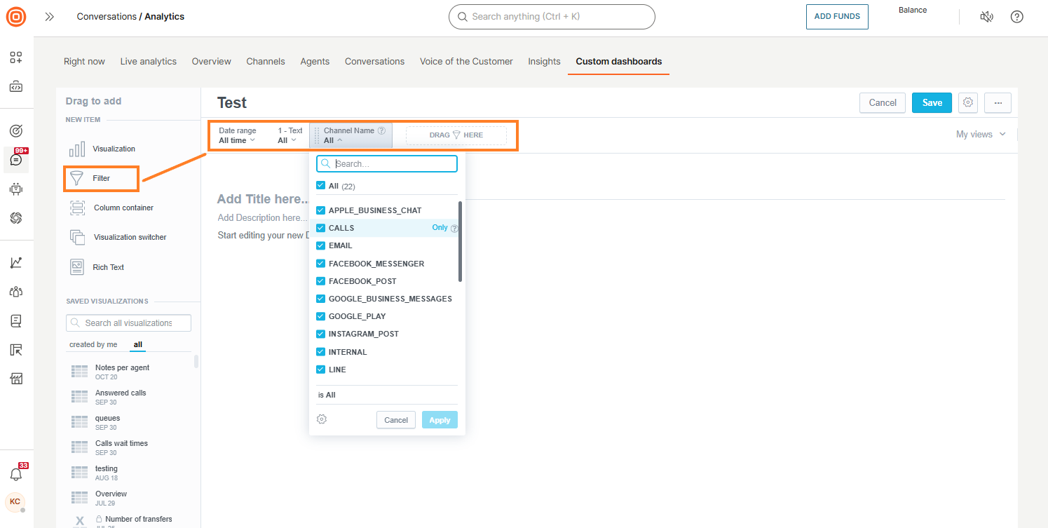 Conversations - Add filter to custom dashboard