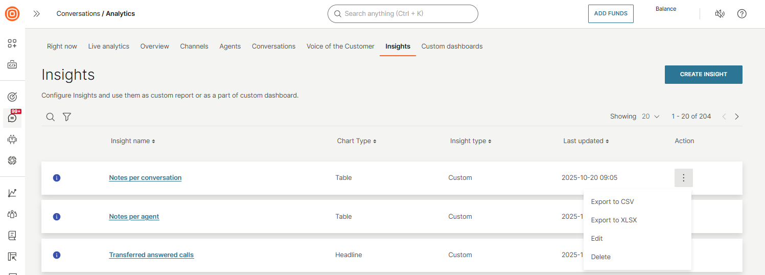 Conversations - Insights menu
