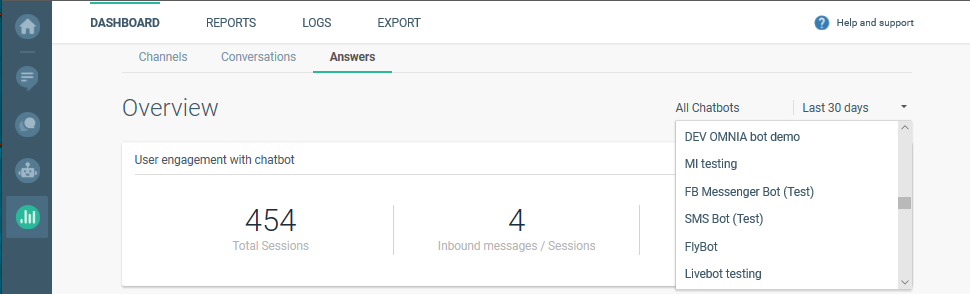 All chatbots dropdown list in Analyze dasboard