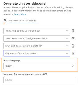 Select the language in which training phrases must be generated