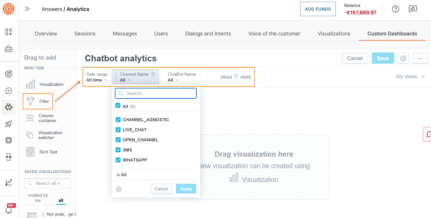 Image that shows how to add a filter to the dashboard