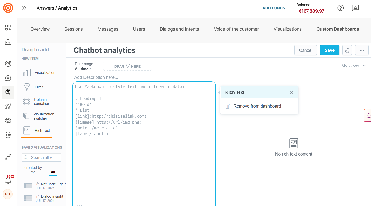 Image that shows how to add rich text to the dashboard
