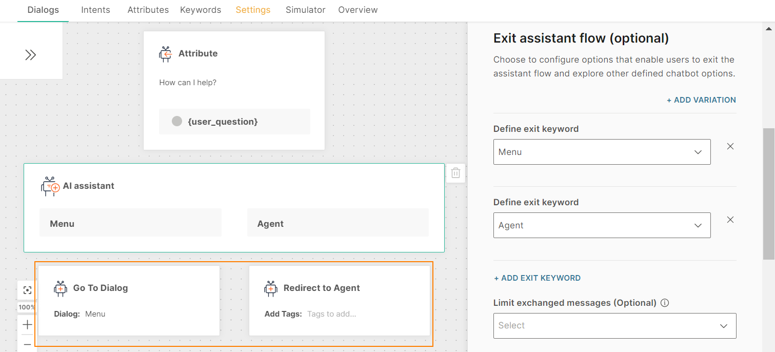 Add actions for each exit keyword