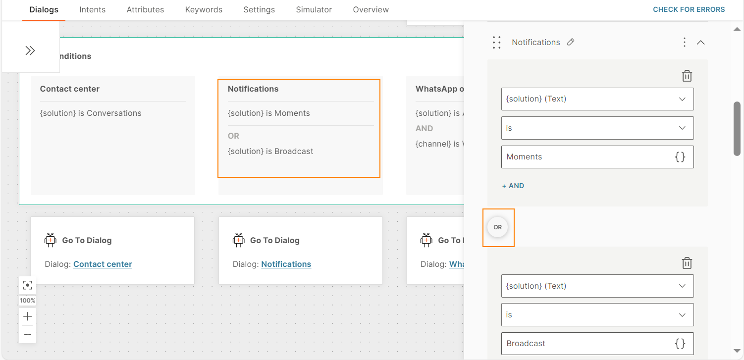 Example of using the OR option in a condition