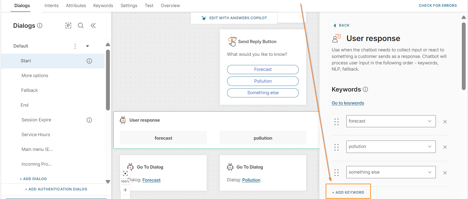 Create a keyword from a chatbot element