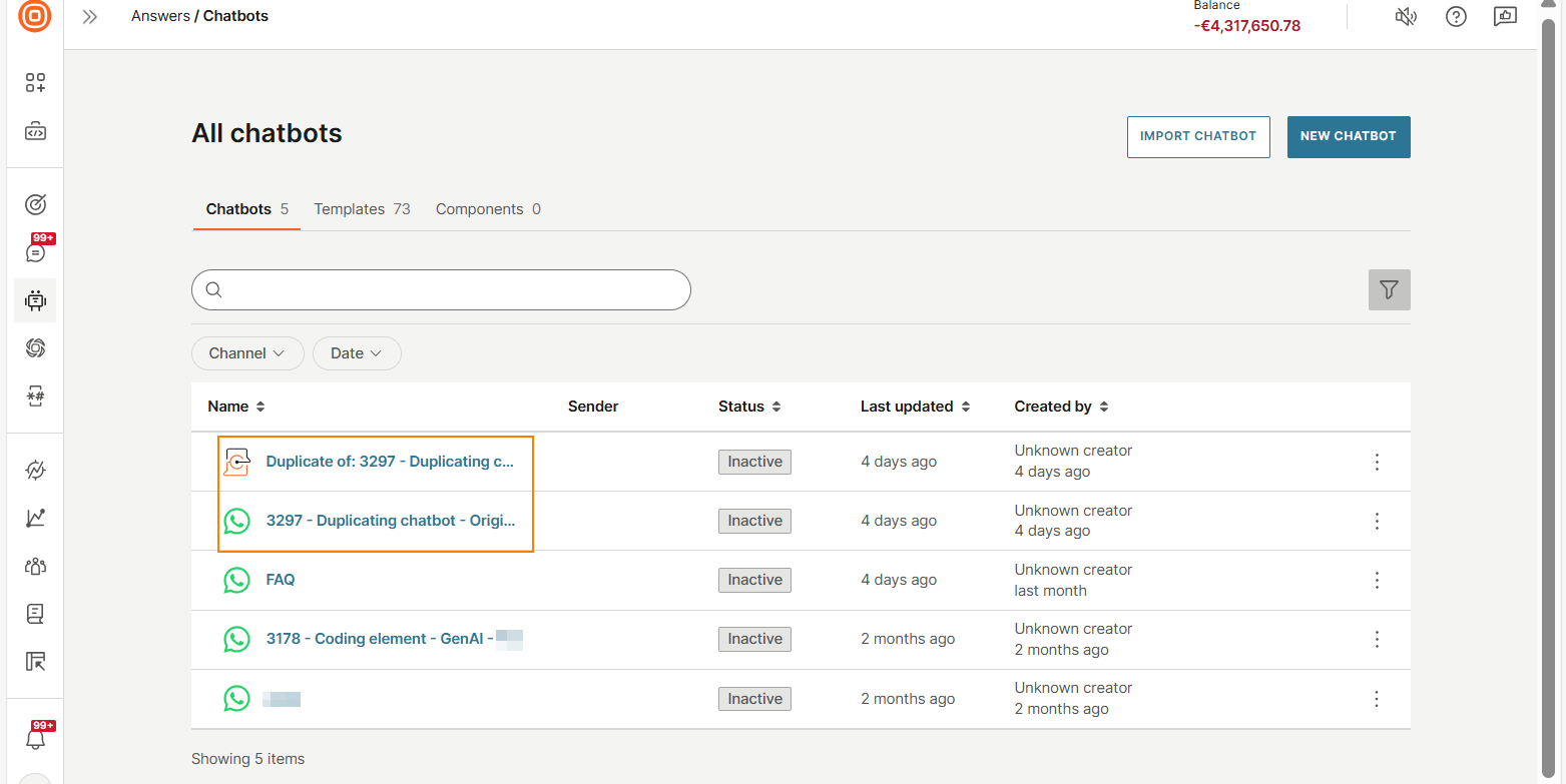 Duplicate chatbot is displayed