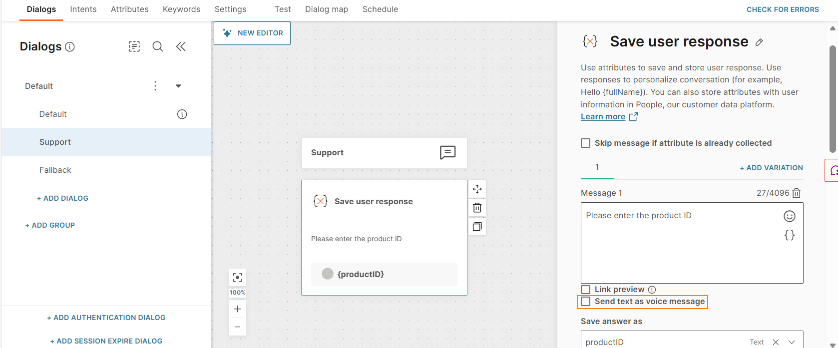 Image that shows how to enable voice functionality in the Save user response element
