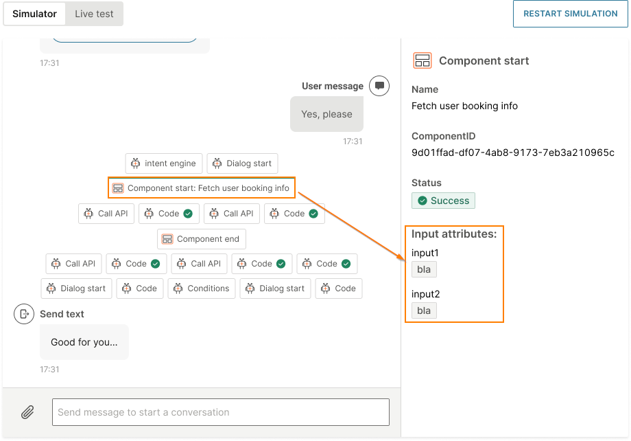 View the input when testing the chatbot