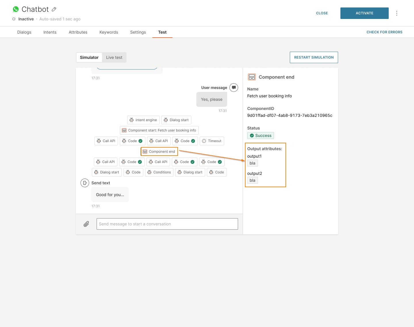 View the output from the component when testing the chatbot