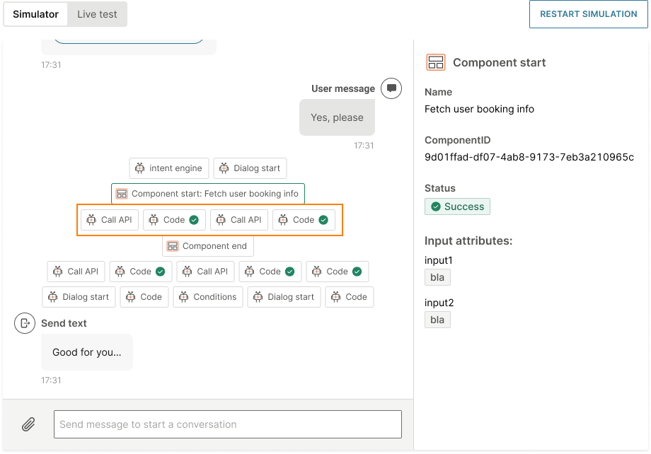View the component processing when testing the chatbot