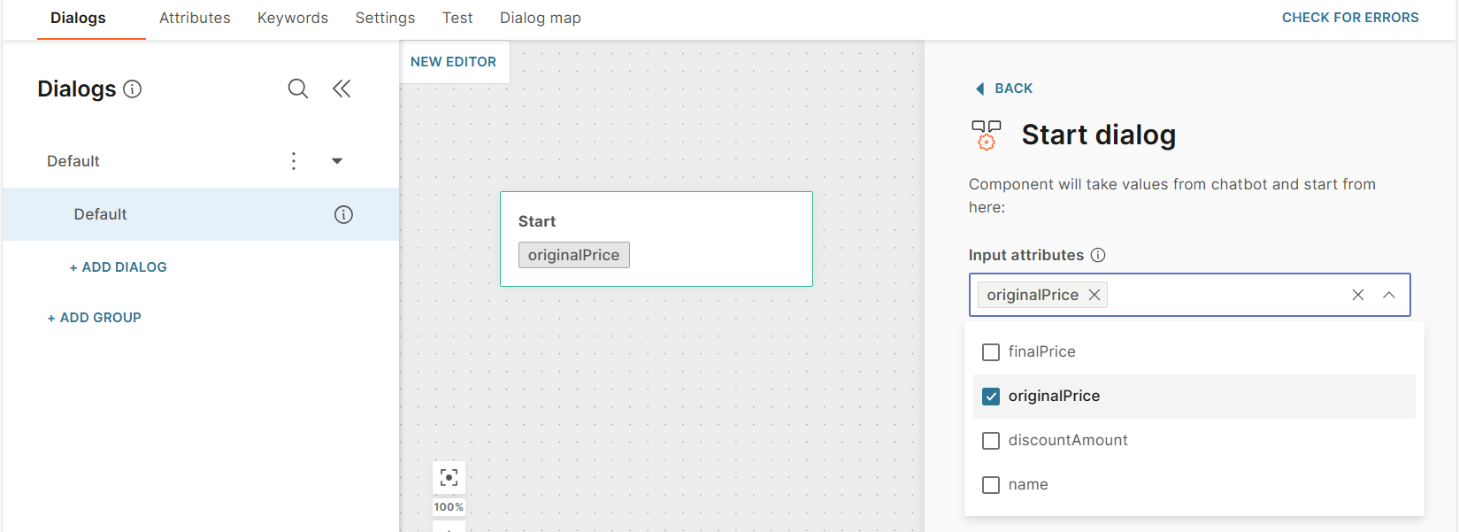 Image that shows how to select input attributes in the Start dialog block