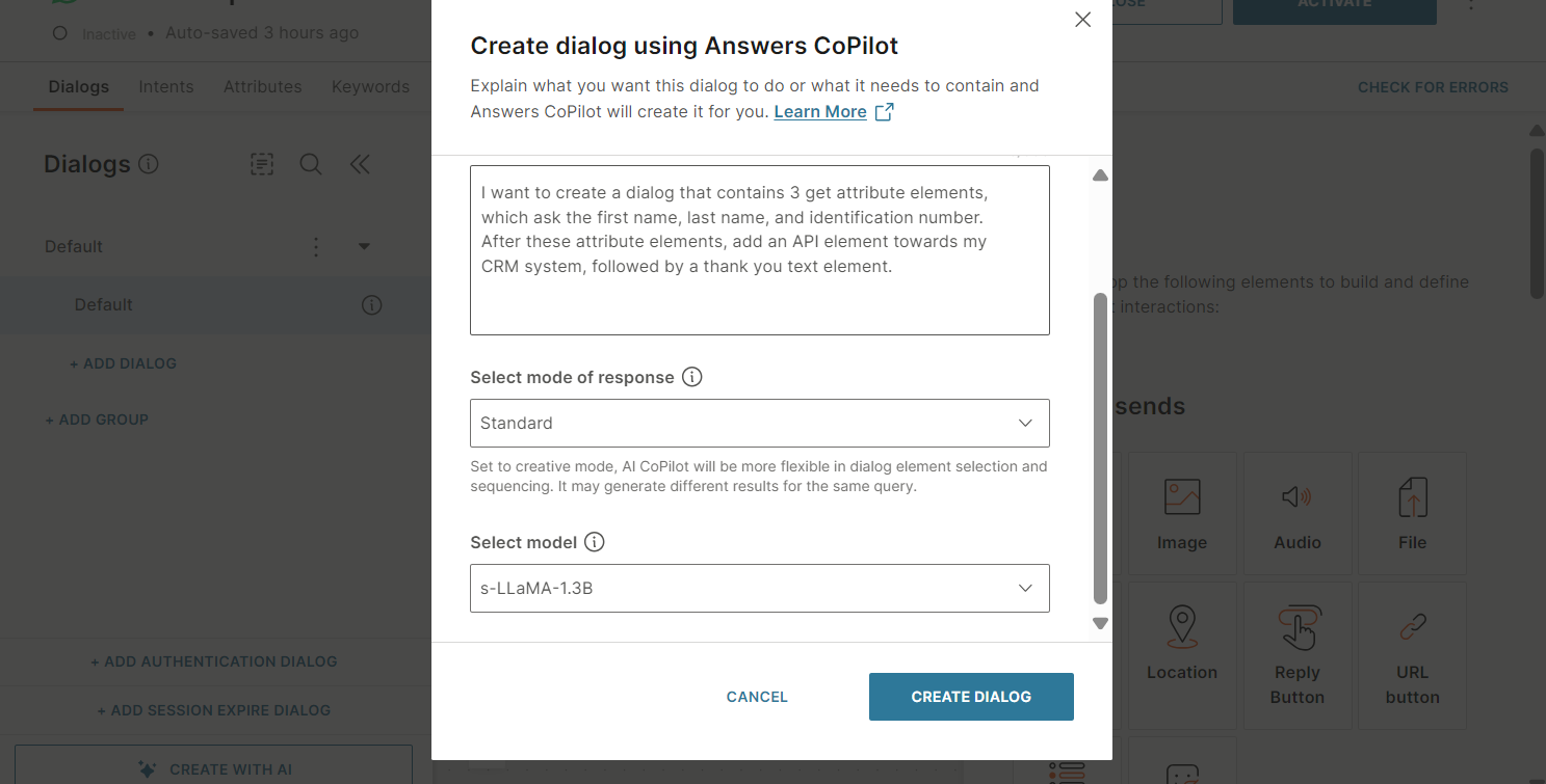 Configure the prompt and set the options for the copilot dialog