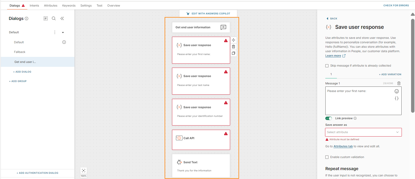 The chatbot creates the copilot dialog based on the prompt