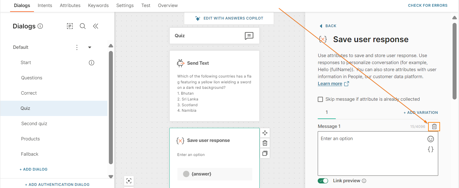 Delete message field in Save user response element