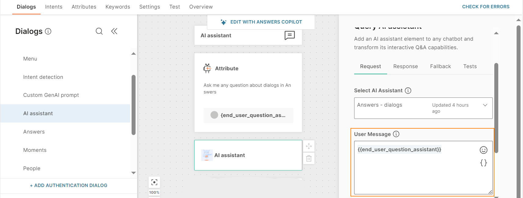 Configure the user message