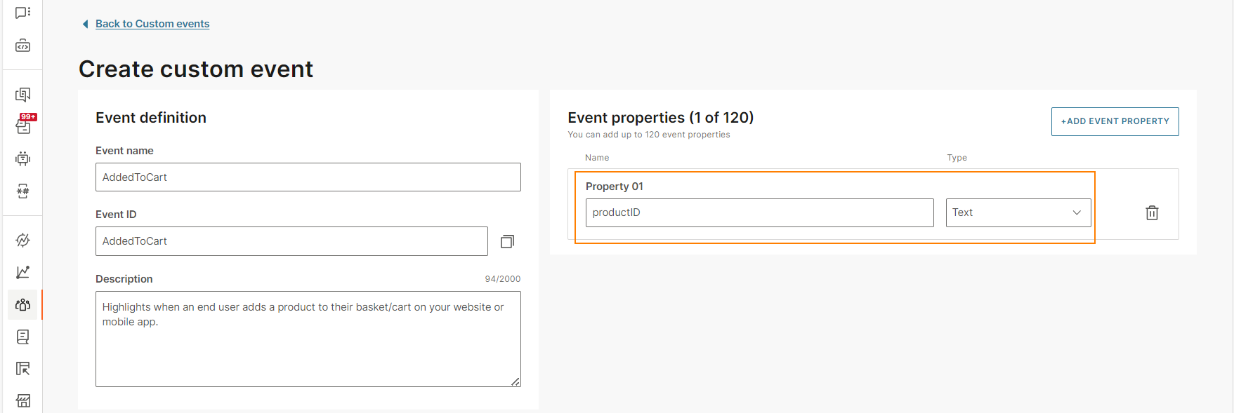 Create properties for the event