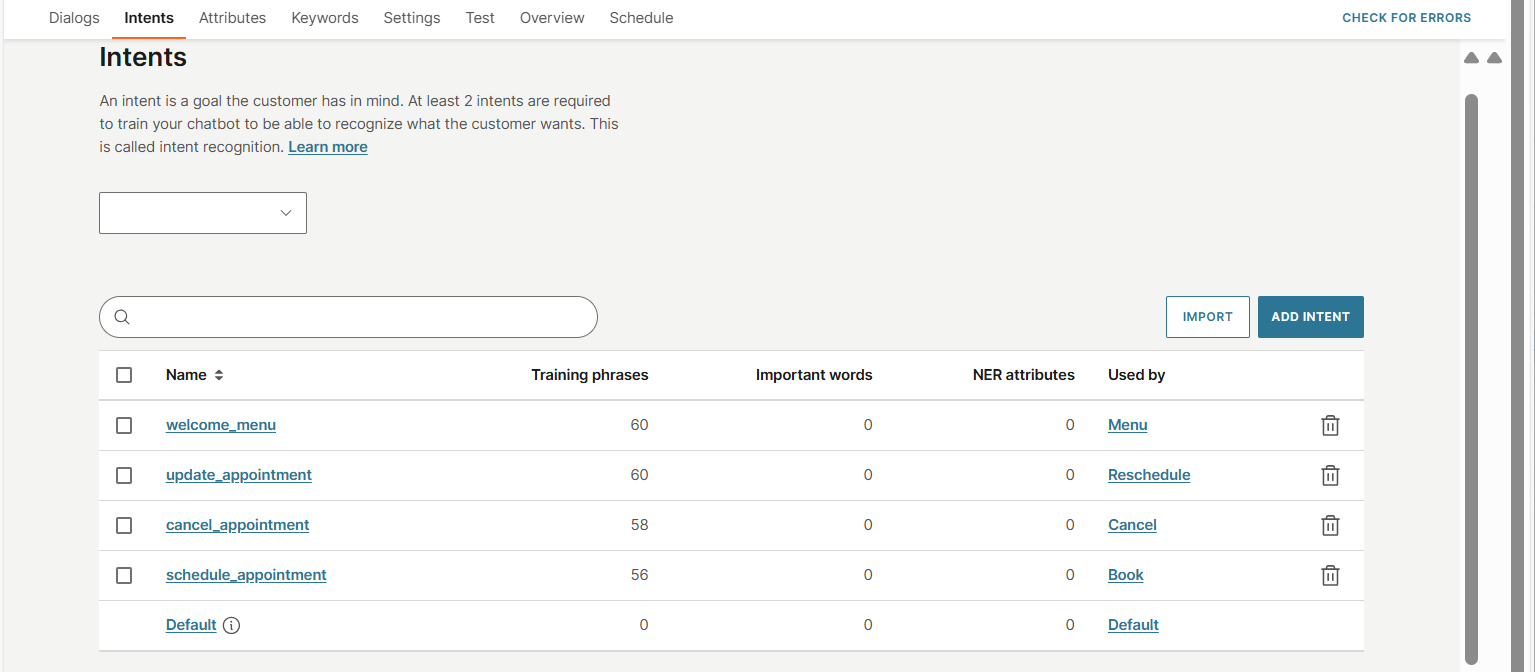 The Intents tab