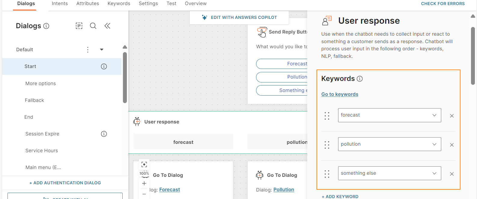 Add keywords to User response element