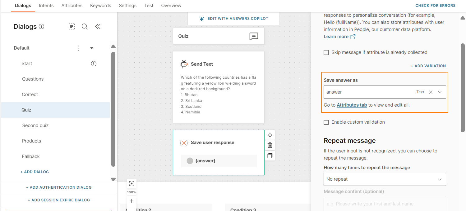 Save user response element without message