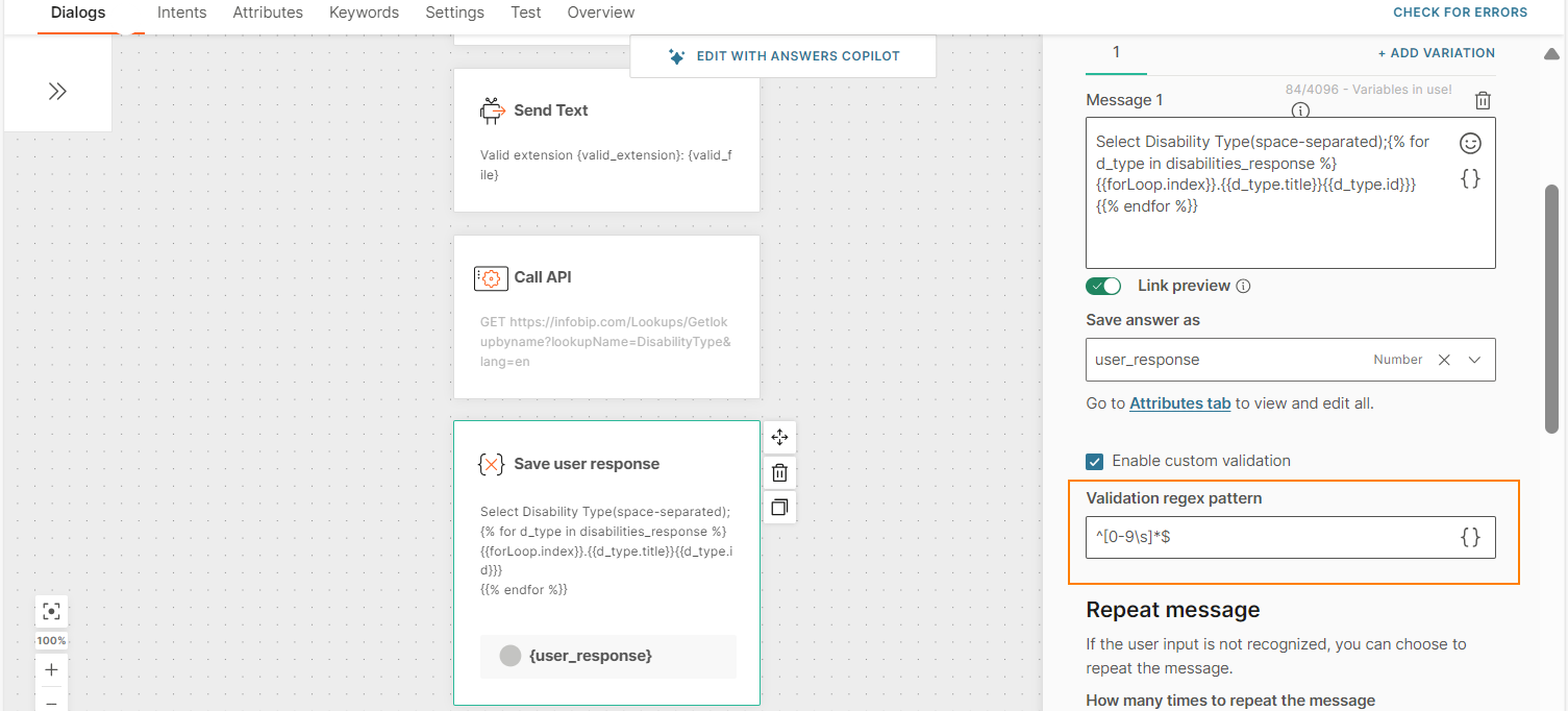 Regex definition for Save user response element