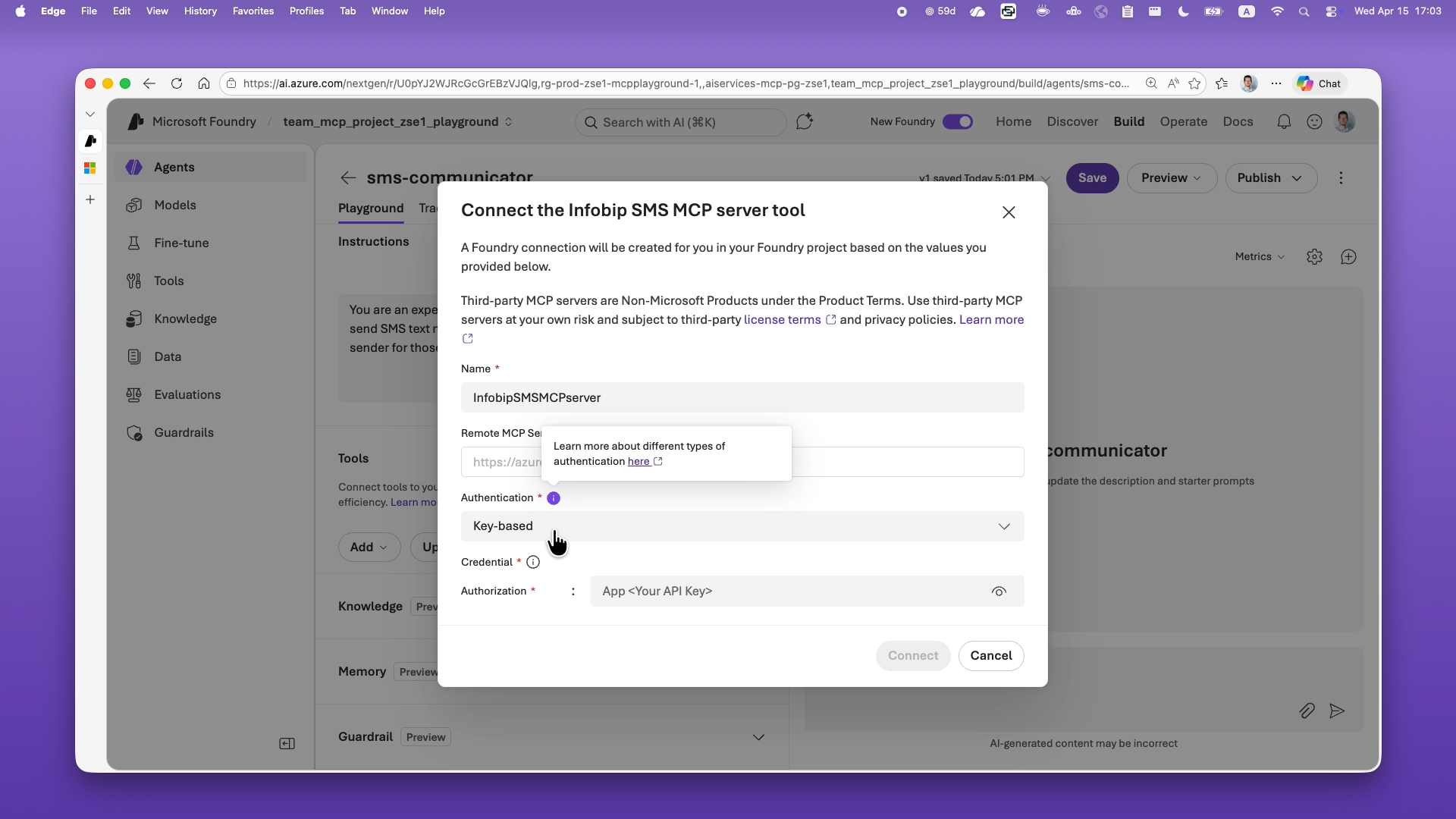 Connect tool dialog with Key-based authentication selected