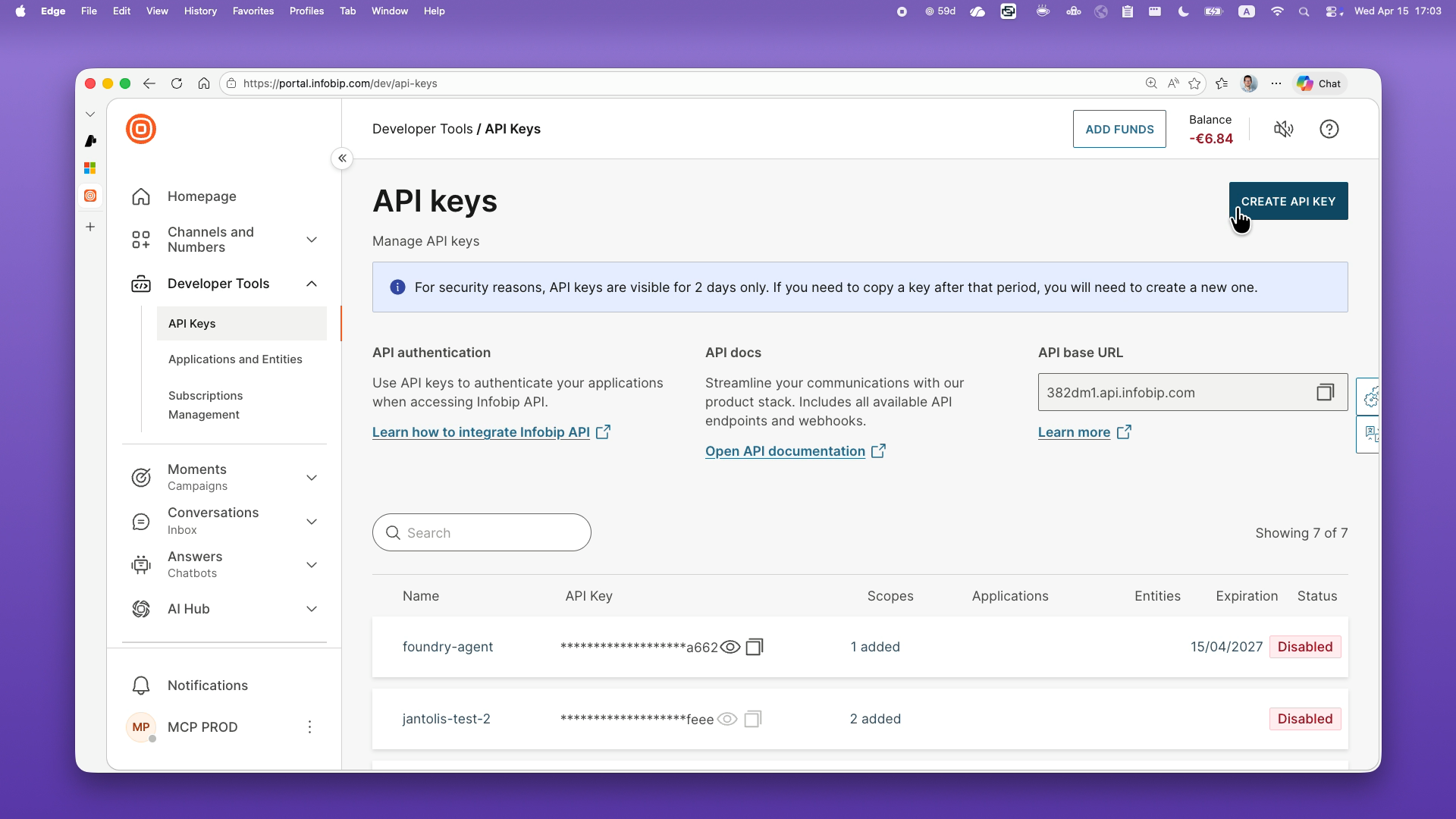 Infobip Portal API Keys page with existing keys and the CREATE API KEY button