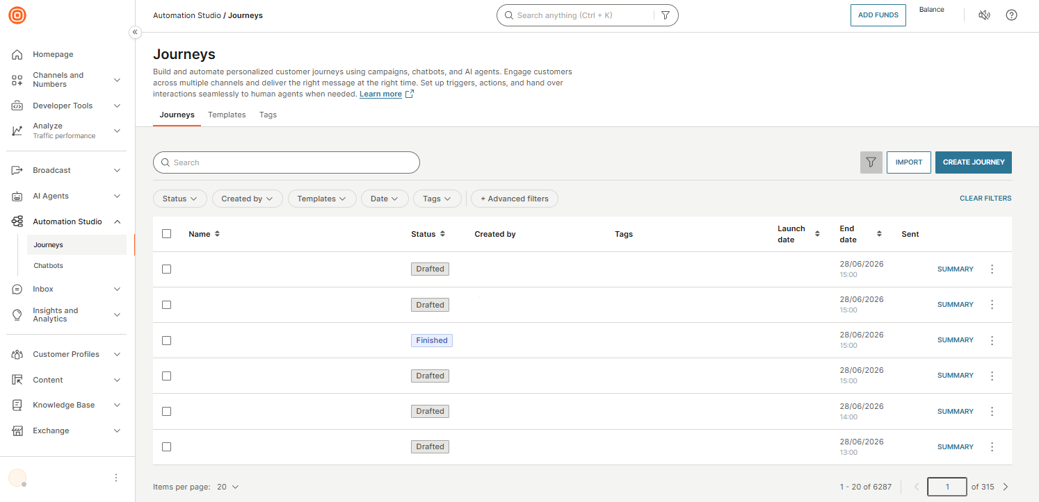 Automation Studio Journeys landing page