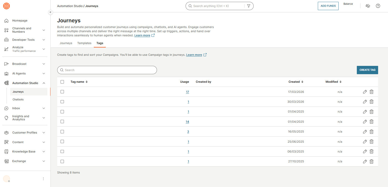 Automation Studio Journeys tags