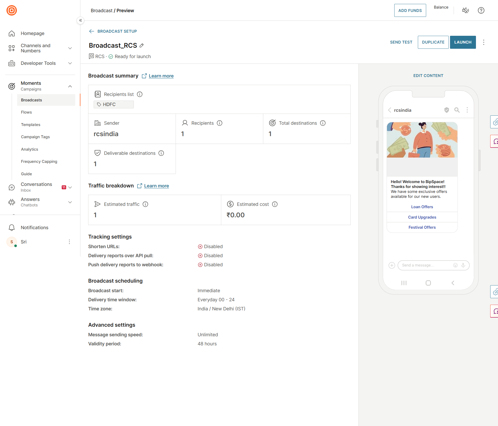 Launch RCS template broadcast