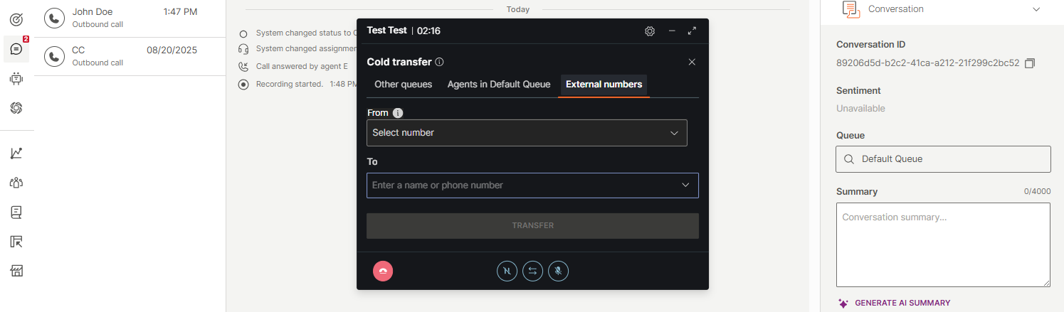 Calls - Transfer to external number tab
