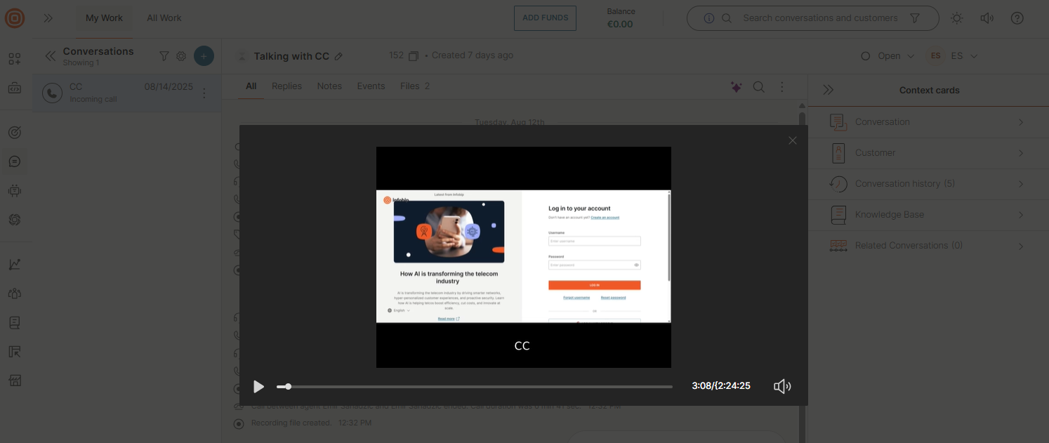 Calls - Recordings preview full screen video