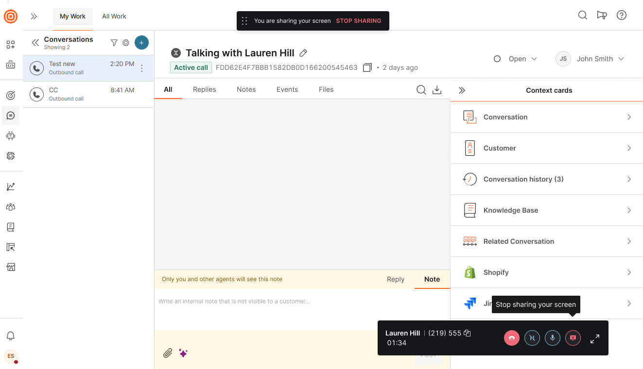 Calls - Scree sharing agent view