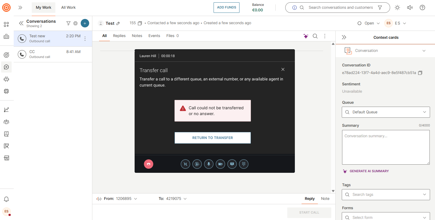 Calls - Transfer to queue error