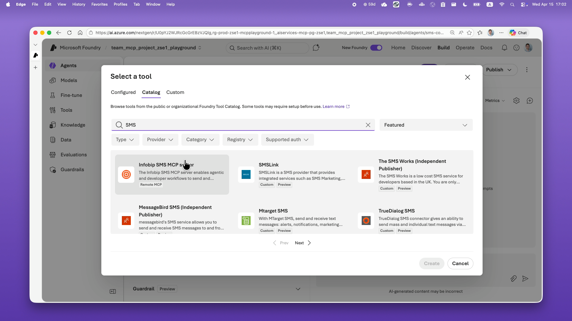 Tools catalog search results showing Infobip SMS MCP server