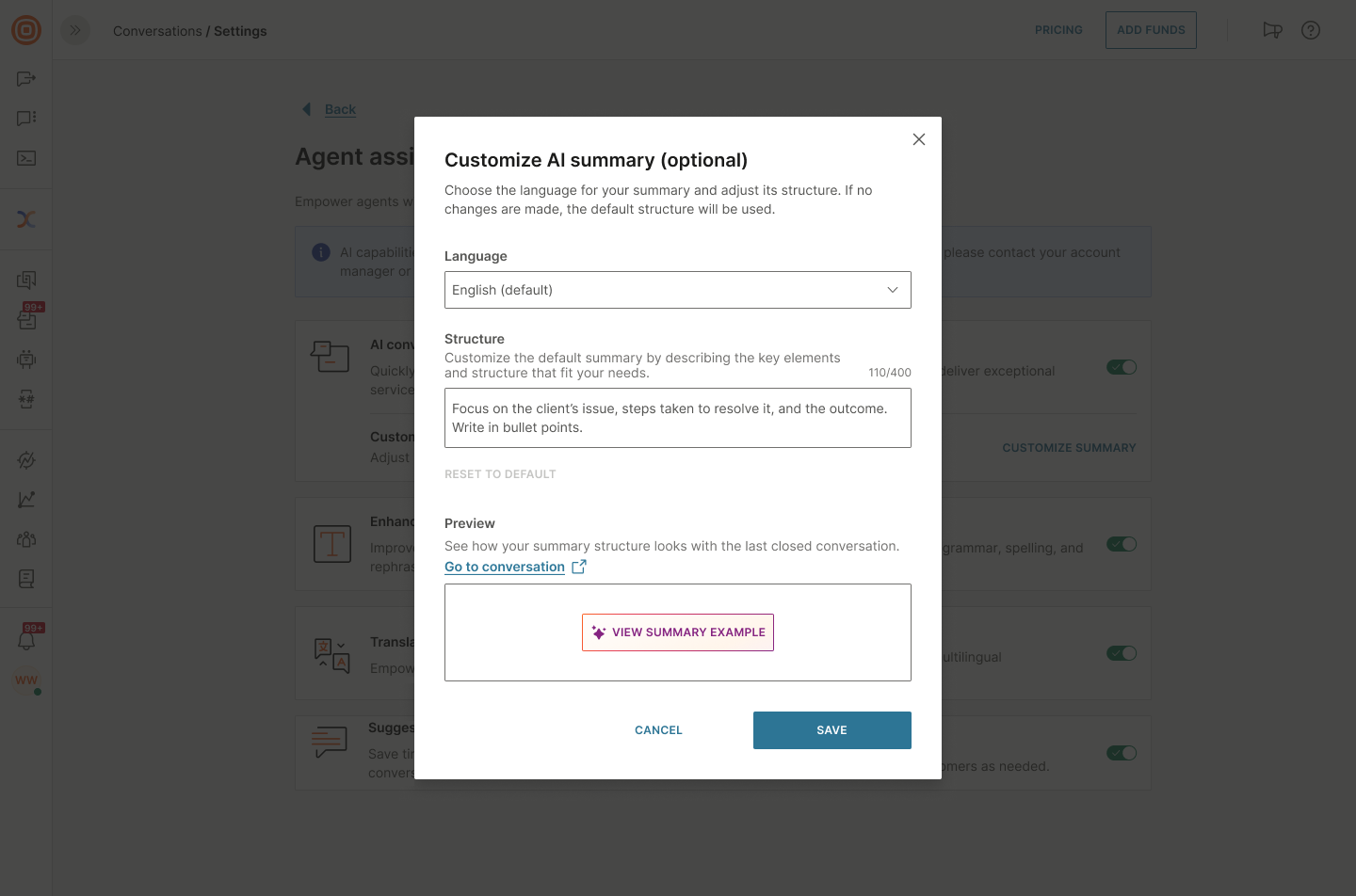 Conversations - AI summary customization