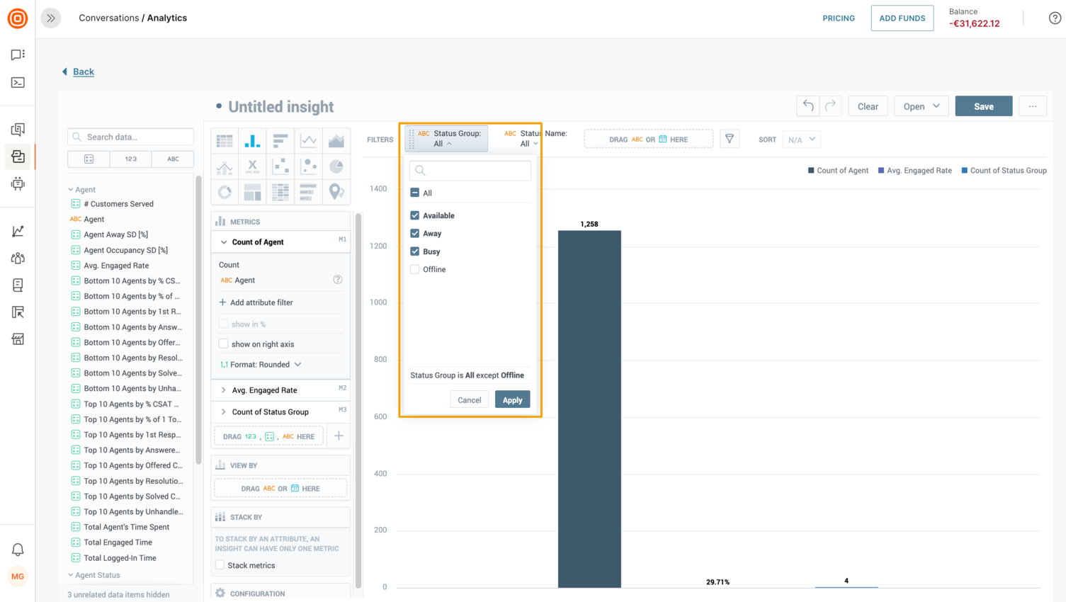 Conversations - Choose options within filter analytics