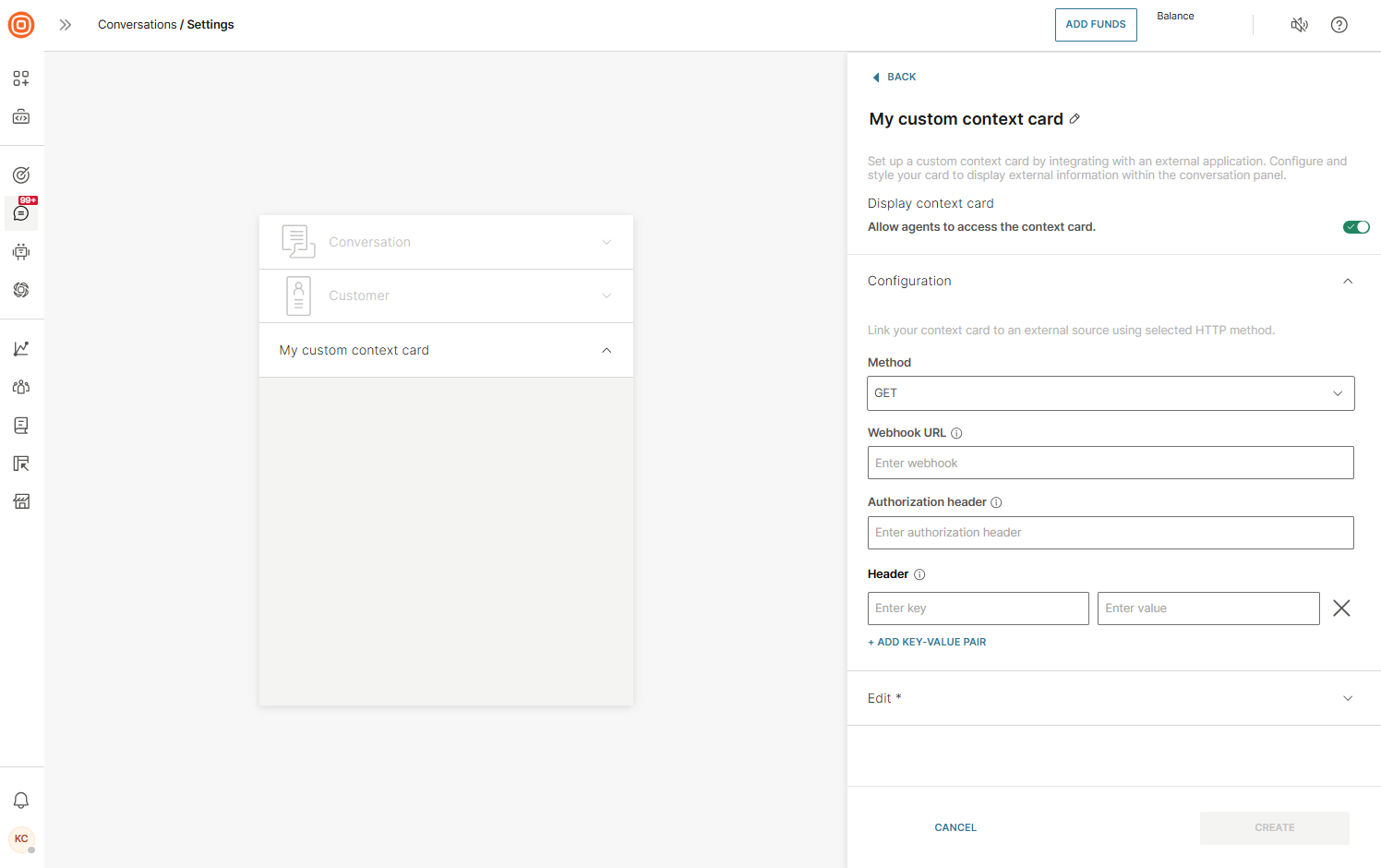 Conversations - New Custom context card congiguration
